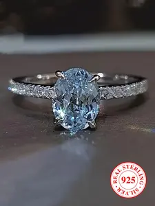 S925 Sterling Silver Elegant Artificial Zircon Emerald Cut Solitaire Ring, Vintage Engagement Ring, Fashion Accessories for Women & Girls, Trendy All-match & Exquisite Jewelry for Birthday Gift