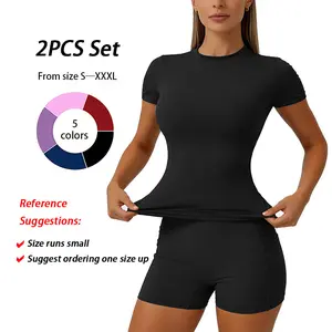 2 piece set women's yoga suit set solid color quick drying short sleeved top with pockets on both sides shorts with tight fit suitable for yoga gym training running cycling golf all season outdoor simple and versatile short sleeved shorts