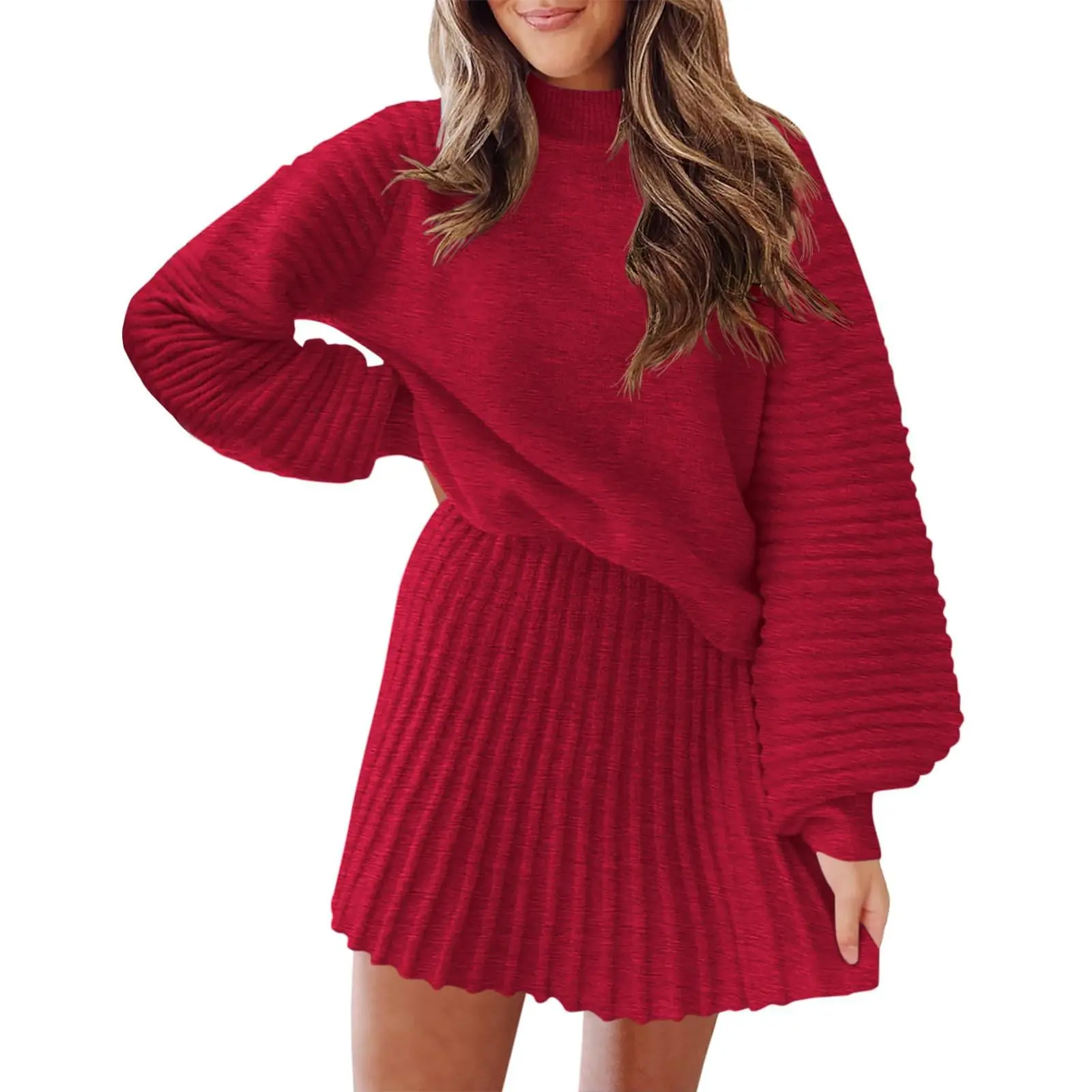 PiePieBuy Womens Christmas 2 Pieces Skirt Set 2025 Mock Neck Ribbed Sweaters and Mini Skirt Fall Winter Two Piece Outfits Red&Green New year