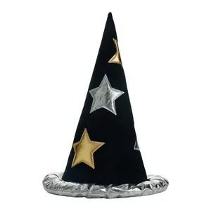 Black Velvet Witch Hat with Silver Metallic Stars Halloween Costume Accessory for Masquerade Party and Cosplay