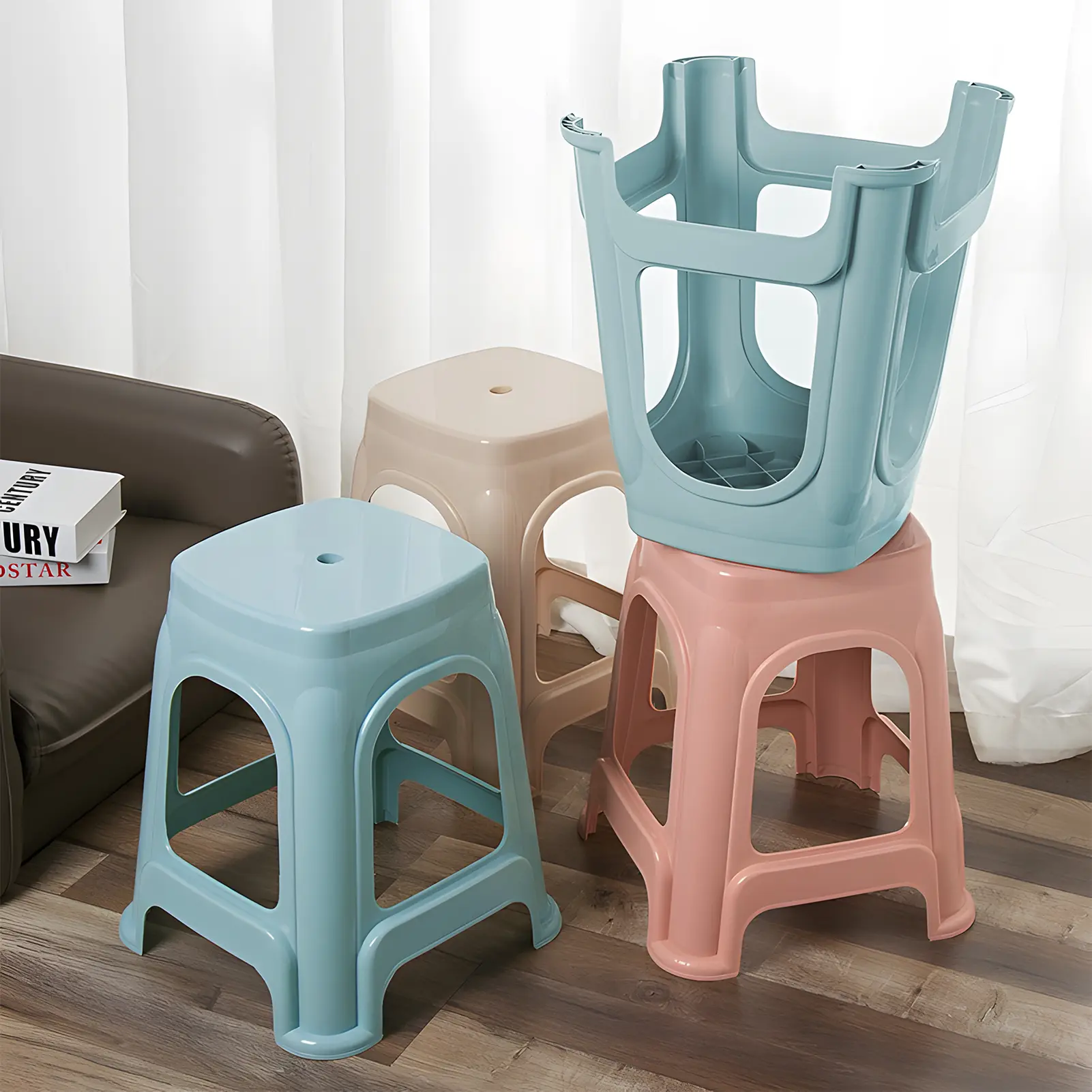 Stackable Classroom Stools, Plastic Teacher Chair, Indoor Outdoor Flexible Seating Decorative Stools, Round Classroom Chairs for Home Office School (2Pcs Pink, 2Pcs Light Blue, 2Pcs Khaki), Sturdy