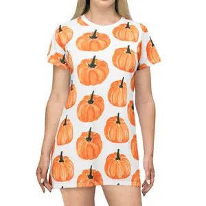 Stylish Halloween Pumpkin Autumn Fall Inspired Oversized T-Shirt Dress (AOP) Soft & Comfortable Women Casual Fabric Womenswear