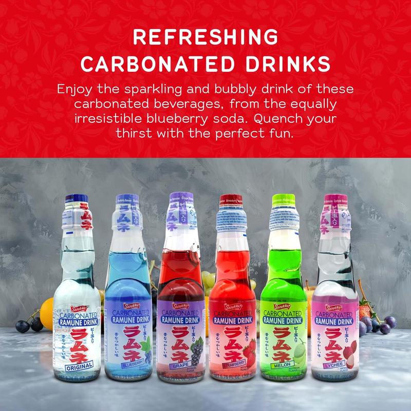Shirakiku Ramune Japanese Soda Variety Pack - Pack of 6 Japanese Marble Soda Flavors Including Strawberry, Melon, Lychee, Grape & Blueberry - 6.76 fl oz Bottles - Beverage, Fruit