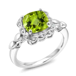 Gem Stone King 2.60 Ct Cushion Checkerboard Green Peridot White Created Sapphire 925 Sterling Silver Ring
