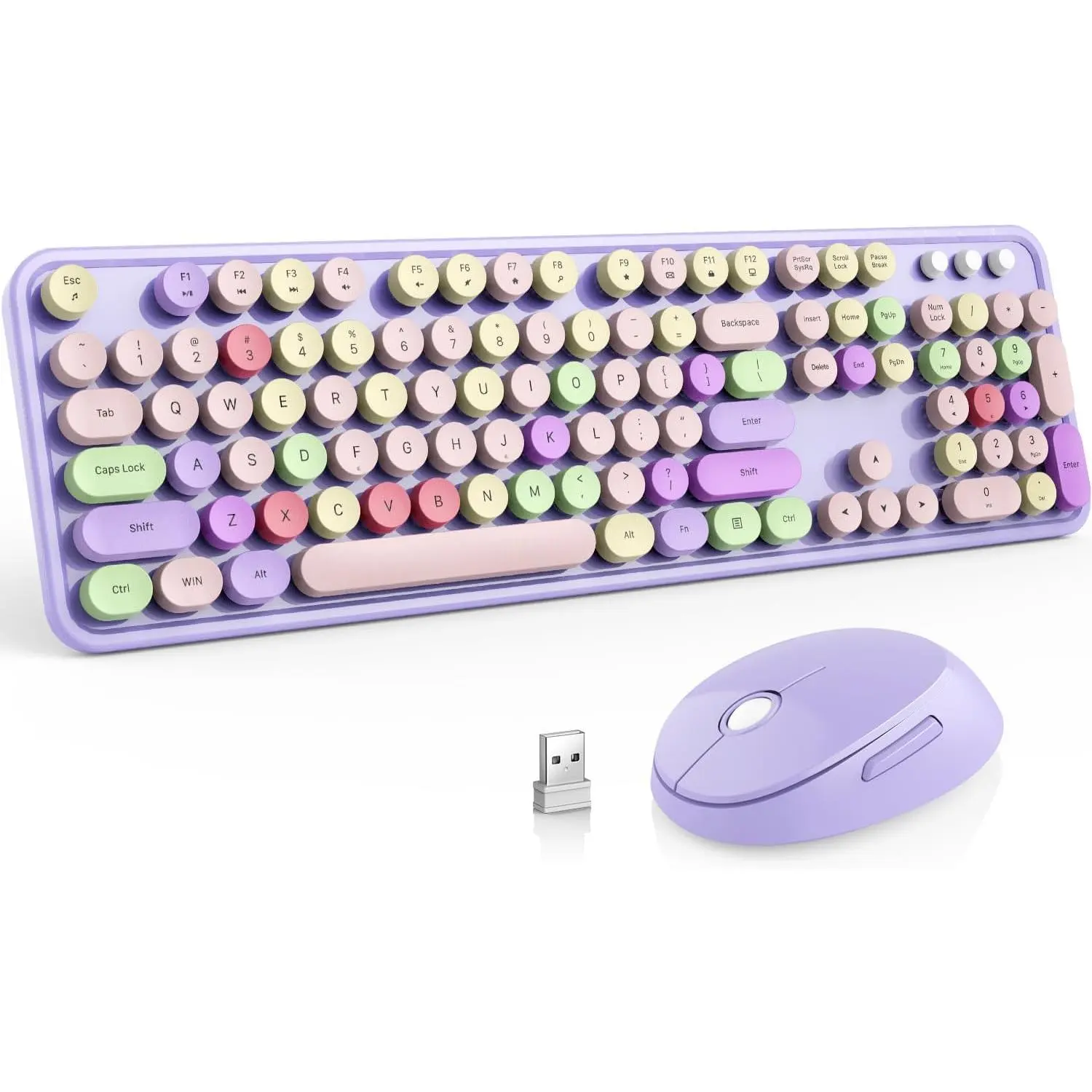 H-24 Wireless Keyboard and Mouse Combo, Full-Size Retro Round Keyboard with 8 Multimedia Shortcut Keys, 2.4 GHz Wireless Plug-and-Play Mouse, Compatible with Mac, Windows, Laptop/Desktop/PC (Purple)