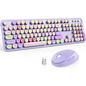 h-24 Wireless Keyboard and Mouse Combo, Full-Size Retro Round Keyboard and Mouse, 2.4 GHz Wireless, Plug and Play, 8 Multimedia & Shortcut Keysfor Mac, Windows, Laptop/Desktop/PC (Purple)