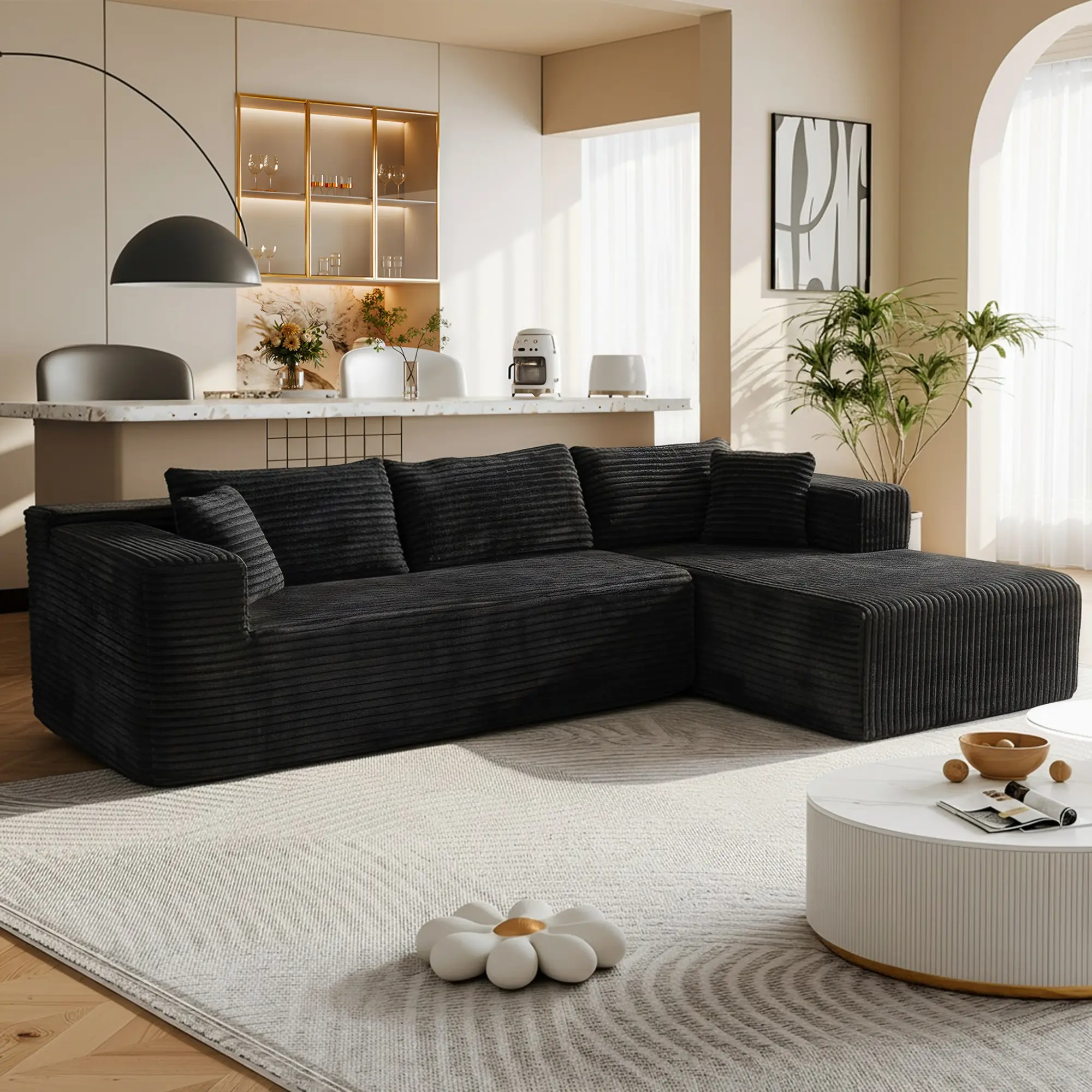 FUFU&GAGA 106" Cloud L-Shape Chaise Sectional Couch, Modern Minimalist Modular Sofa with Fixed Arms, Deep Seat, Plush Corduroy Upholstery, Coil Spring, Indoor Furniture for Living Room, Bedrooms
