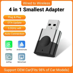 4in1 Multifunctional Wireless CarPlay Dongle, Smart Mini Car Adapter with Android Auto AirPlay MirrorCast Bluetooth Mode, Plug&Play High Compatibility Car Entertainment Connector for Most Vehicles