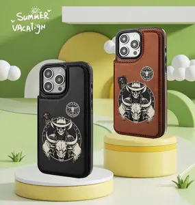 Trendy Creative Unique Retro Western Cowboy Pattern Holder Wallet Aesthetic Pattern Black Casing For iphone 16 15 14 13 12 PRO PLUS MAX PU Leather Stylish Gift Shockproof Protection Anti-Drop Protective Protector Phone Cases Shell Cover