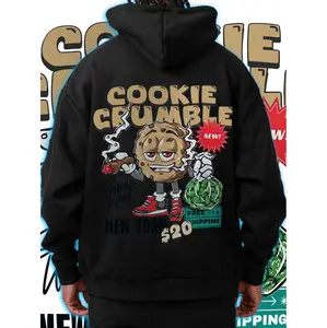 Cozy Comfort Mens Cookie Crumble Graphic Hoodie In Black With Playful Cartoon Design For Trendy Streetwear Fall And Winter Fashion