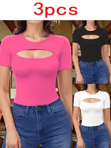 3 PCS Women's Cutout Top waist - length cropped style long sleeve round neck slim chest sexy cutout design fitted T-shirt spring summer 03
