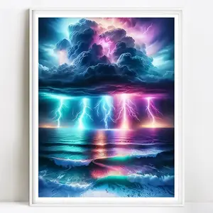 Dark Clouds Diamond Painting Kits No Frame, With Tools Rainy Sea Night Round Diamond Mosaic Pink Blue Lightning Home Decor