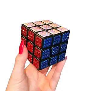 Bedazzled Rubik Cube with Red and Blue Cubes, Decorative Glitter Finish, Unique Design, Perfect for Collecting