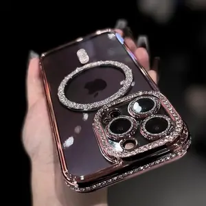 Phone Case Sparkling Crystal Phone Cover Transparent for Iphone 17E 16 15 14 13 12 11 Pro Max Plus Compatible with Magsafe Magnetic Wireless Charging Lens Film Shield