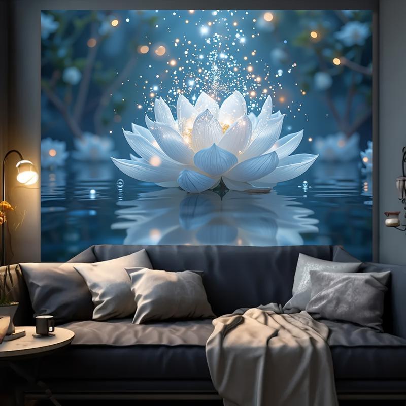 1pc Crystal Lotus Tapestry - Vibrant Blue & White Lotus Flower with Sparkling Lights, Polyester Wall Hanging for Living Room, Bedroom, Office Decor, Party Backdrop, Bedroom Decoration |     Serene Room Accent |     Detailed Petal Design, Lotus Flower Deco