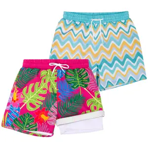 BIG ELEPHANT 2-Pack Boys Swim Shorts with Built-In Compression Liner, UPF 50+ Kids Bathing Suit, Quick-Dry Swimming Trunks