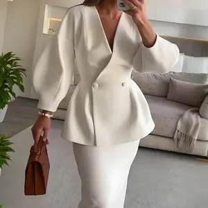 Large Stock, Prompt Delivery  In Stock  Autumn New European and American Fashion Women's Clothing Solid Color Button Puff Sleeve Dress Skirt Set new style