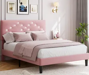 Queen Size Bed Frame with Headboard, Pink Upholstered Platform Bed Frames Queen Size with Crystal Diamond Tufted for Girls/Kids Easy Assembly, Wooden Slats Support, No Box Spring Needed
