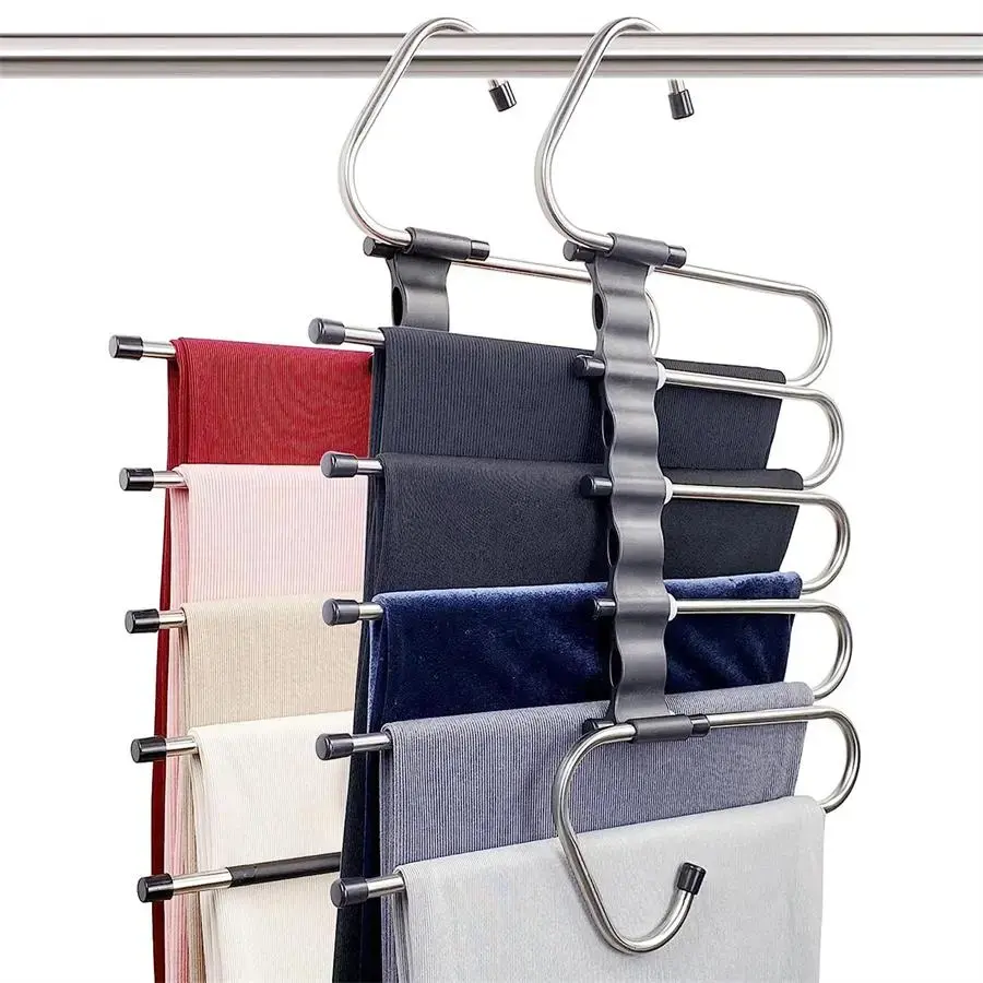 5 Layers Pants Hangers Space Saving, Jeans Hangers Non Slip Multifunctional Rack S Type Closet Organizer With Extre 5 Hooks For Leggings Trousers Closet Storage