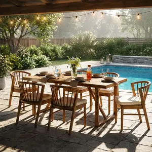 ARCH 7 Piece Acacia Wood Outdoor Dining Set with Cream Cushions, 6 Chairs & Large Table, Teak Finish Patio Furniture Set for Garden, Backyard, Deck, Poolside, Seats 6, Complete Dining Set, Teak Color Options, Acacia Wood/Polyester Material