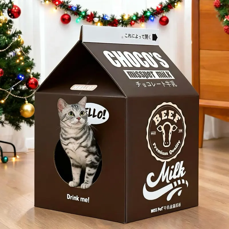 Cardboard Cat House with Scratch Pad, Corrugated Kitten Hideaway Cave, Cute Cats Condos Box, Milk Box Shape Cat Cardboard Scratcher, Christmas/Thanksgiving/Halloween/Birthday Gifts,Black