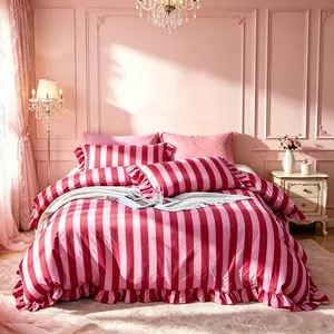 3-Piece Dark Pink & Light Pink Color Block Striped Ruffle Edge Bedding Set, Includes 1 Duvet Cover And 2 Pillowcases, No Insert, Soft Comfortable Fabric, Romantic Warm French Style Bedroom Bedding Decor, Perfect Birthday Gift