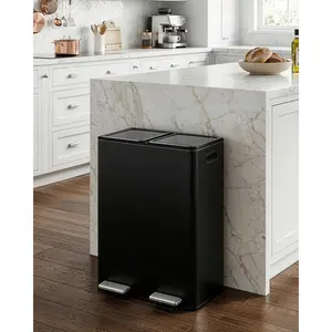 Dual Compartment Stainless Steel Trash Can with Lid, 16 Gallon Step Pedal Kitchen Recycling Bin with 2 Removable Inner Buckets, Slow Close Rectangular Garbage Can for Home Office Break Room Commercial Use in Multiple Colors