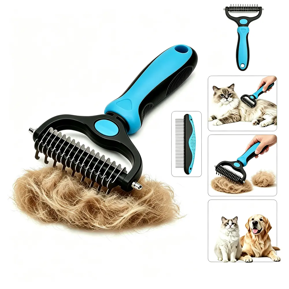 【New】double-sided grooming brush Pet Grooming Combo Kit | Blue 2-in-1 Deshedding Rake & Metal Comb, Detangles & Removes Mats for Long Haired Dogs & Cats