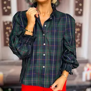 Women’s Plaid Puff Sleeve Blouse Smocked Cuff Button Down Casual Elegant Long Sleeve Top for Work Holiday Party