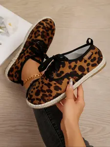 Women's Fashion Leopard/Houndstooth Pattern Lace Up Low Top Sneakers, Casual Comfortable Breathable Sports Shoes, Female All-match Round Toe Walking Shoes for Daily Wear