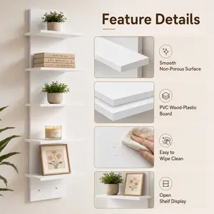 5-layer white PVC wall shelf, Wall mount organizer, Heavy duty floating shelf, Wall mounted shelf, no assembly required, self-adhesive installation, space-saving storage unit, suitable for books, plants, minimalist decor, multi-functional