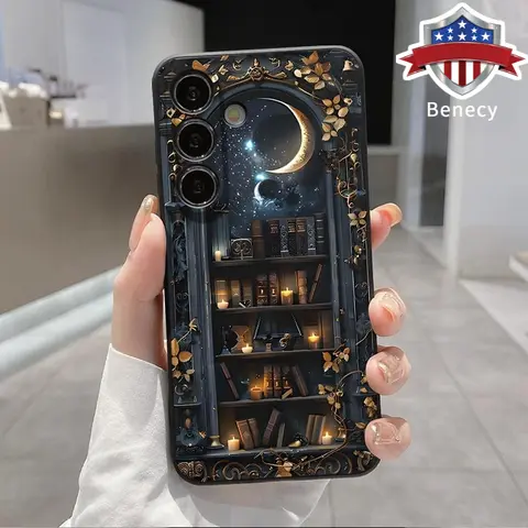 Moon Bookshelf Art Patterned Liquid Silicone Phone Case for Galaxy S22+ S23 Ultra S24 Plus S25 S26, Straight Edge, Shockproof, Scratch Resistant, Anti-Drop, Full Camera Protector, Raised Lip, Slim Fit, Durable Non-Slip Mobile Phone Accessory Casing
