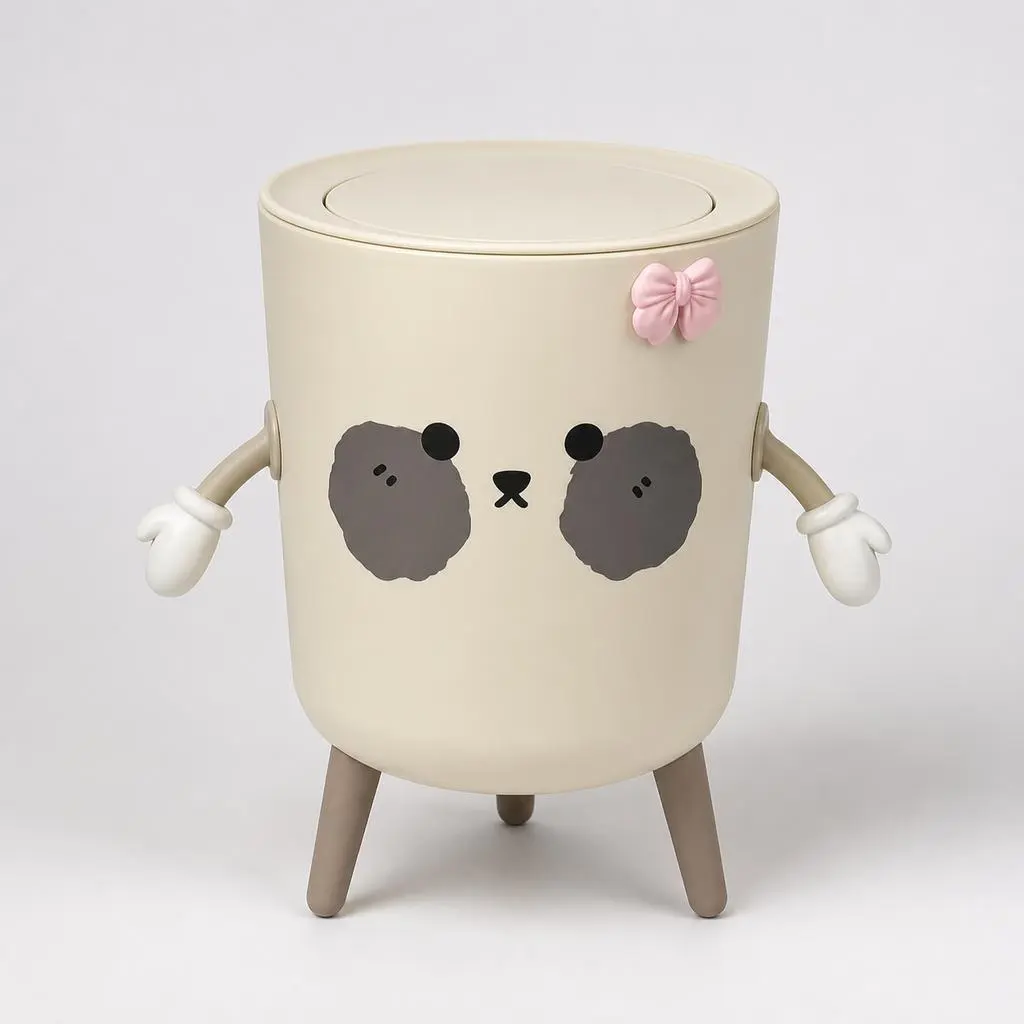 Cute Bear Press-Top Lidded Dual Compartment Trash Bin with Wooden Tripod Stand, Inner Fixing Ring & Touchless Soft-Close Lid - Deodorizing Indoor Bin, Casual Apartment Accessories for Toilet, Balcony, Home Office Box