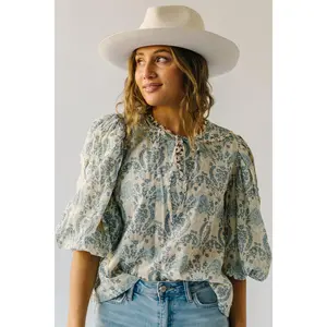 The Harward Floral Puff Sleeve Blouse in Sapphire Blue