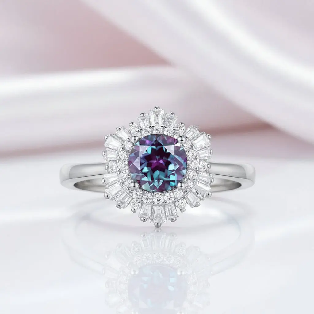 0.8CT Lab Alexandrite Gemstone Engagement Ring