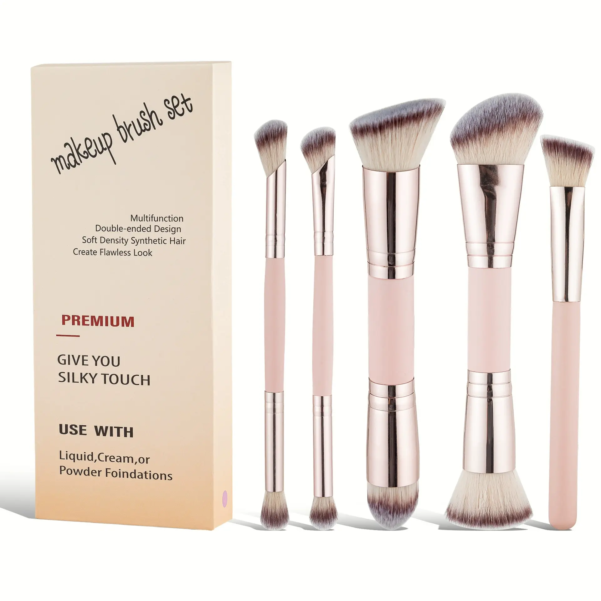 Premium 5Pcs Double-Ended Makeup Brush Set - Soft Synthetic Hair for Liquid/Cream/Powder Foundation, Contour & Blush - Rose Gold & Pink Handle, Make Up Brushes