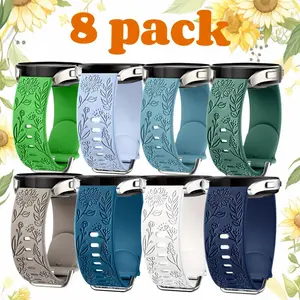 8 Pack Engraved Fashion Soft Silicone Sports Strap, Compatible with Galaxy Watch 7/5/4/6 40mm & 44mm, Unisex, Fits Galaxy Watch 5 Pro 45mm, Smart Watch Straps