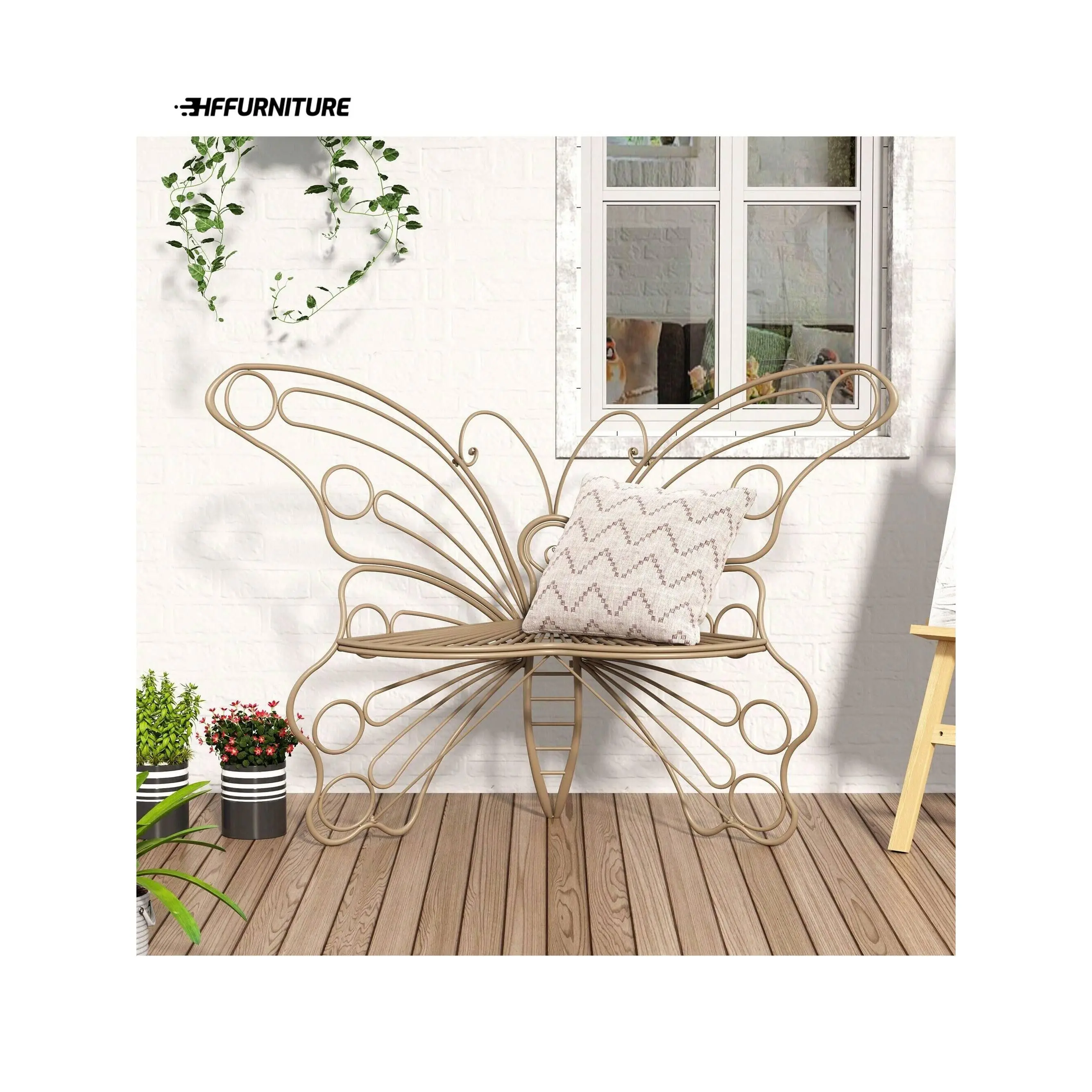 New 2024  HLR 50 Inches Outdoor Metal Frame Courtyard Chair Garden With Butterfly Inspired Pattern Front Porch Bench For Outdoors Deck Lawn Balcony Backyard Furniture Decoration