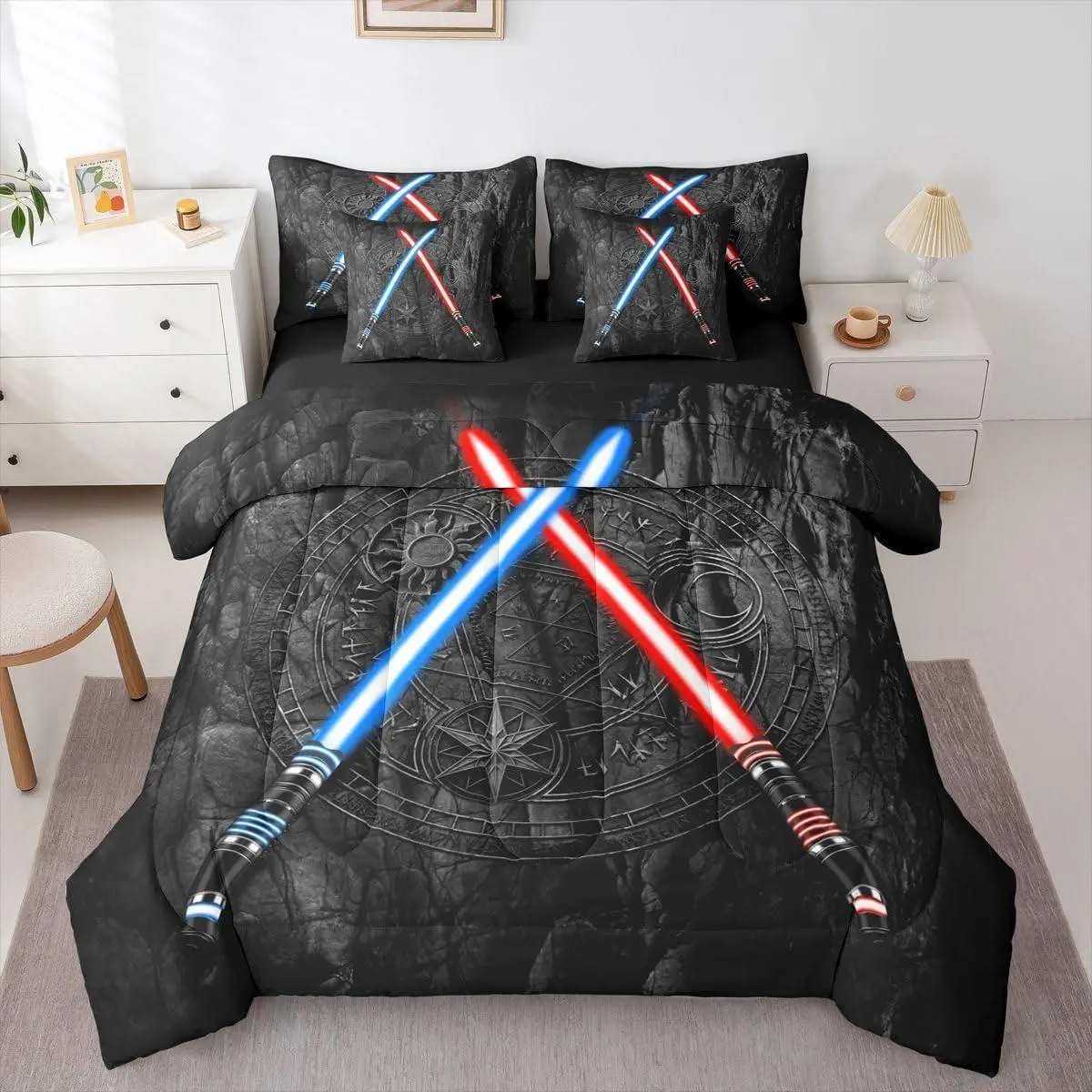 Queen 7-Piece Soft Breathable Bedding Set - Lightsaber-Themed, 3D Neon Blue-Red Comforter, Geometric Sun-Moon Round Fitted Sheet, Flat Sheet, Printed Blanket, Digital Print Quilt Cover, Fade-Resistant, Machine Washable, Kids-Focused Multi-Size Option, Mac