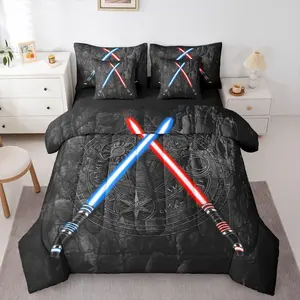 Lightsaber 7Pcs Comforter Set,3D Neon Blue Red Bedding Set,Geometric Sun Moon Round Fitted + Flat Sheet Kids Boys Girls Teens