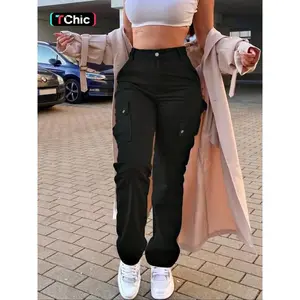 Women’s plain cargo pants with pockets and a button fly, solid-color casual streetwear trousers for daily wear, ladies’ bottoms suitable for all seasons