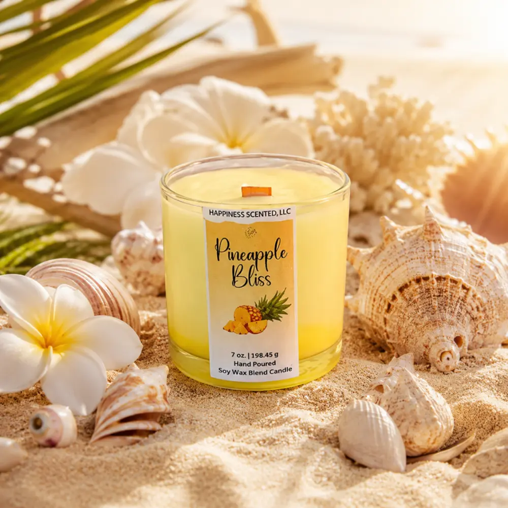 Pineapple Bliss Scented Candle 7oz Glass Jar | Tropical Wooden Wick Hand Poured Coconut Soy Candle | Spa Home Fragrance
