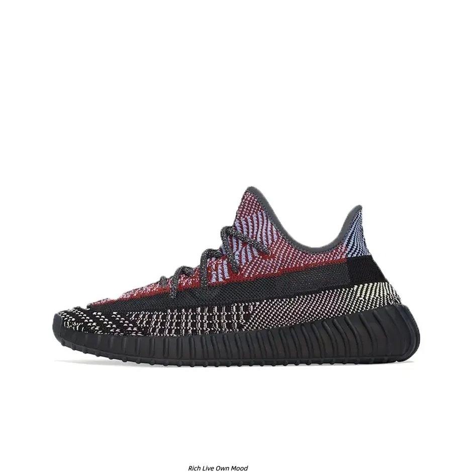 Multi-Color Red Blue Beige Marled Knit Fabric Black Side Stripe Low Top Running Sneakers for Men Women, All Black Wave Boost Foam Cushion Midsole Hollow Non-Slip Rubber Outsole Breathable Trendy Street Sports Walking Shoes