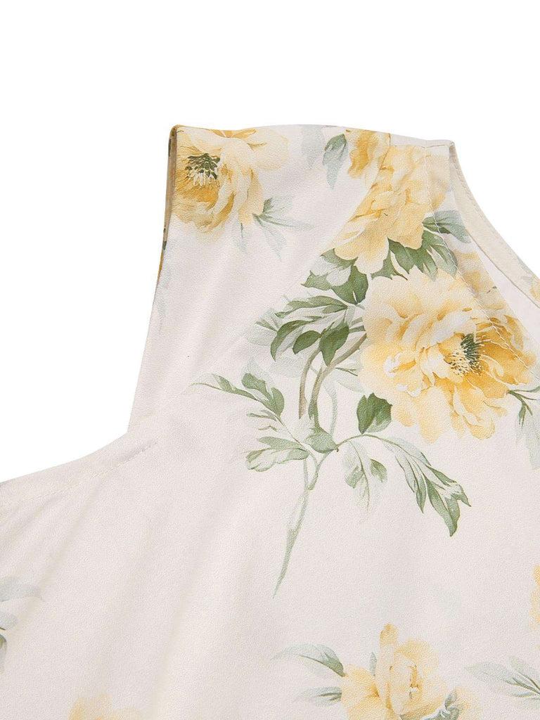 Yellow 1950s Boat Neck Antique Floral Dress Spring Vacation Womenswear Fitted Casual Sleeveless