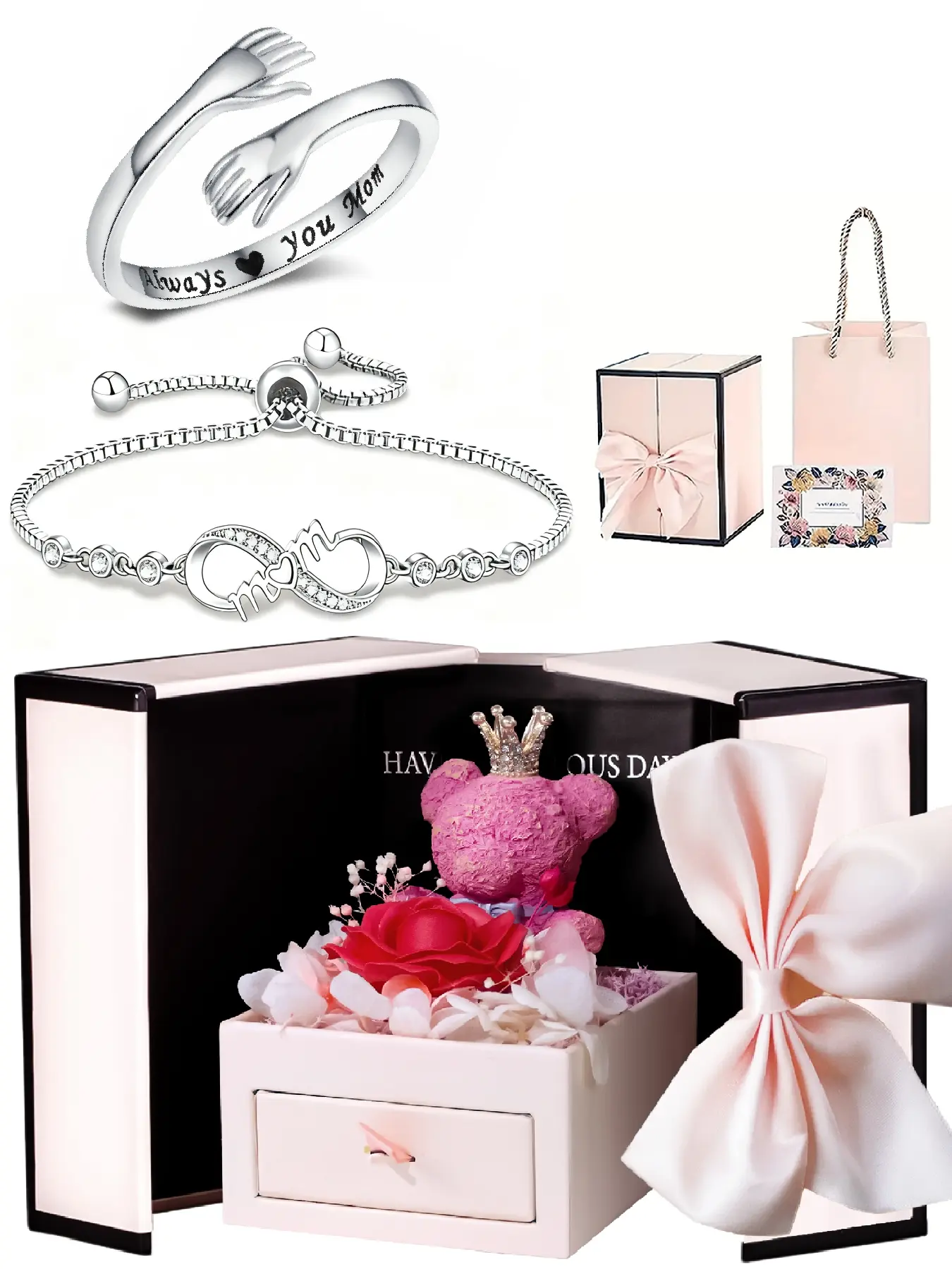 Always you mom engraved 'I love you mom' letter-matching bracelet, Inspirational jewelry, gratitude bracelet for mom with teddy bear gift box, includes inspirational message card, Mother's Day gift for stepmothers and mothers-in-law