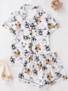 Cute Cartoon French Bulldog Print Two-Piece Women's Sleepwear Set, Button-Up Short Sleeve Top with Relaxed Cozy Shorts for All Seasons