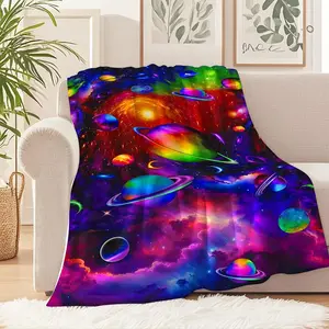 Psychedelic Outer Space Flannel Blanket, Colorful Cosmic Planets Print Throw Blanket, Soft Warm Decorative Blanket for Home, Camping, Travel, & Office Cozy Comfort, Perfect for Galaxy Lovers!