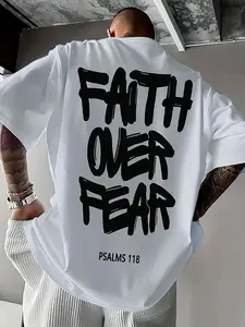 1 Unisex White Oversized Casual Loose Fit Drop Shoulder Tee, "Faith Over Fear" Back Graphic & Psalms 118 Print, Motivational Streetwear Style, Ideal for Casual Daily & Urban Looks