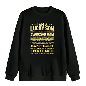 Comfortable Men's Long Sleeve Sweatshirt Featuring 'Lucky Son Raised by Awesome Mom' Text