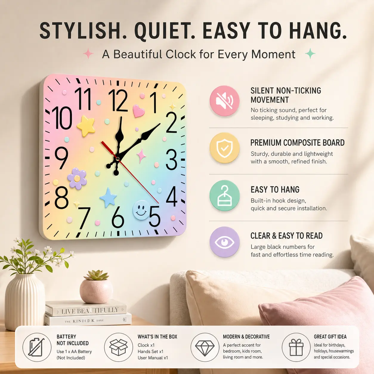 Pastel Rainbow Square Wall Clock, Cute Decorative Analog Wall Clock with Large Numbers, 3D Star Heart Flower Design for Kids Room, Nursery, Bedroom, Home Decor